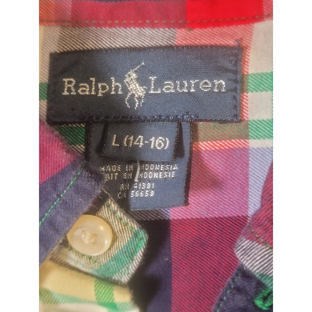 RALPH LAUREN Button Down Boys L 14-16 Blue Red Plaid Long Sleeve Pony Logo Shirt